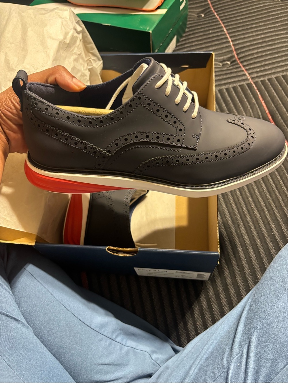 Cole Haan Navy Wingtip Derby with Red Heel Accent